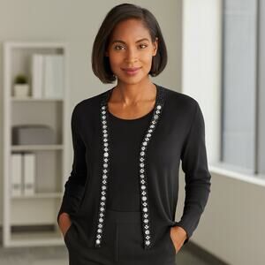 Chico's Black Open Front Cardigan Women's Sz 1 (Medium) Embellished Long Sleeve